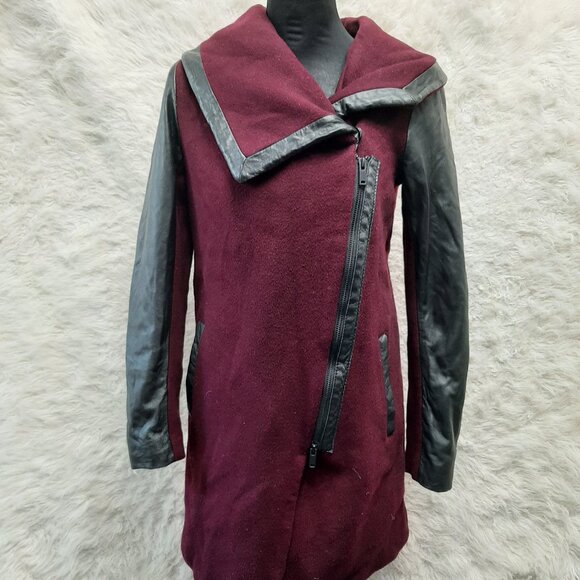 Danier Women's Burgundy Wool Blend Leather Trim Full Zip Coat 3M Thinsulation XS - Picture 1 of 12